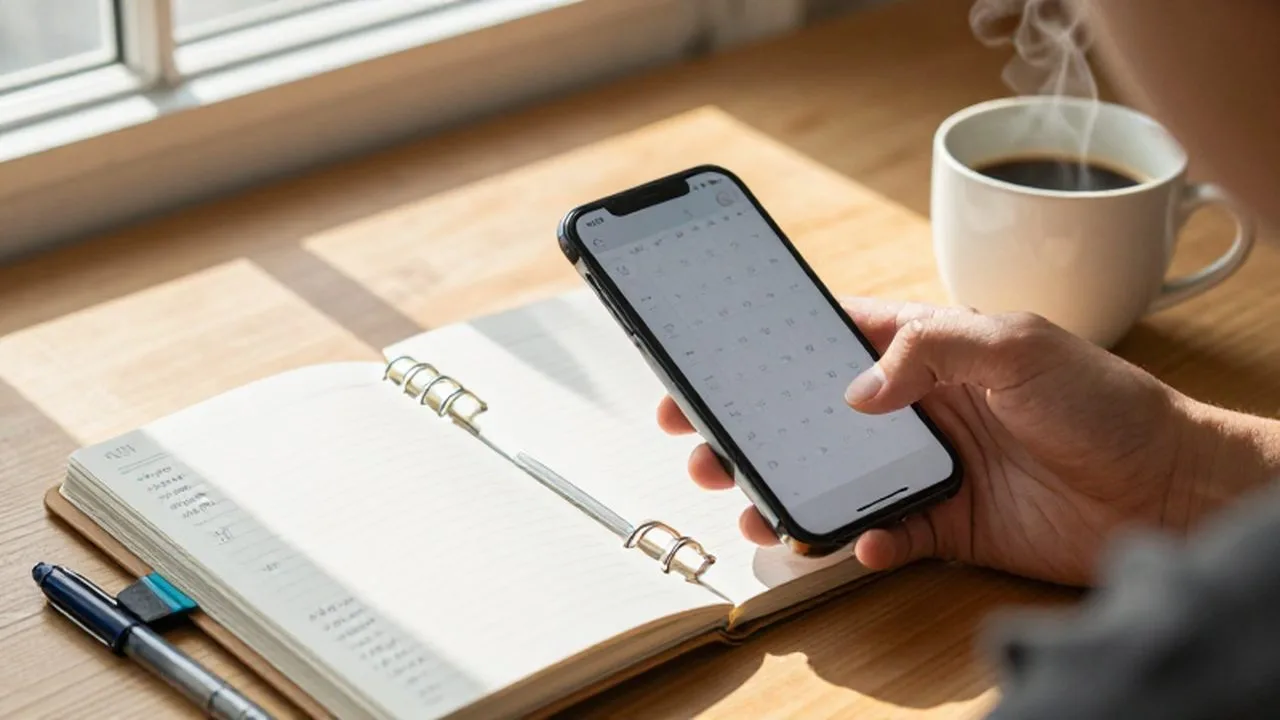 Una mano gestiona un calendario digital en un smartphone sobre un escritorio organizado con un planificador y café.