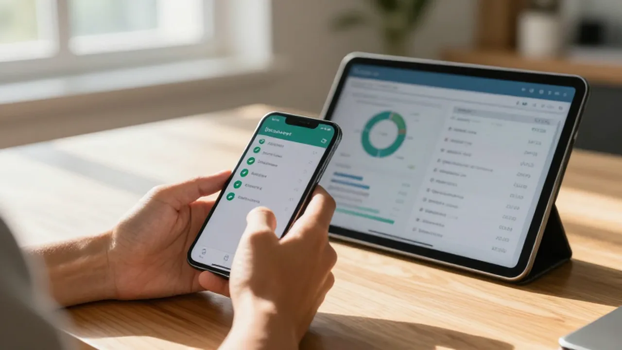 Manos usando un smartphone para gestionar una aplicación bancaria junto a una tablet con gráficos presupuestarios.