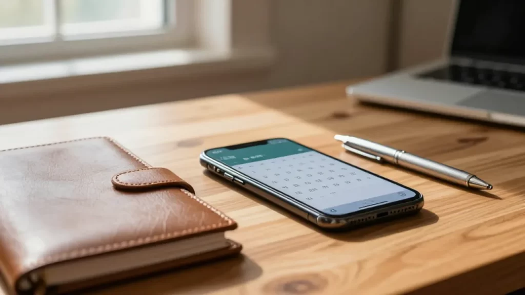 Smartphone con notificación de calendario junto a una agenda de cuero y un bolígrafo en un escritorio.