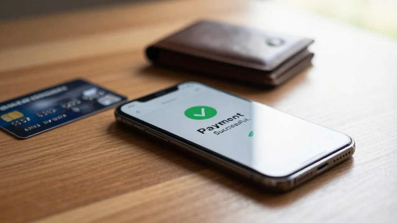 Smartphone sobre un escritorio de madera mostrando una notificación de pago exitoso en una aplicación bancaria.
