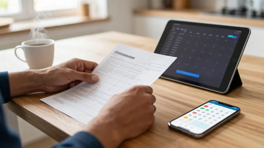 Manos organizando facturas y una tableta junto a un smartphone con alertas de calendario sobre una mesa de madera.
