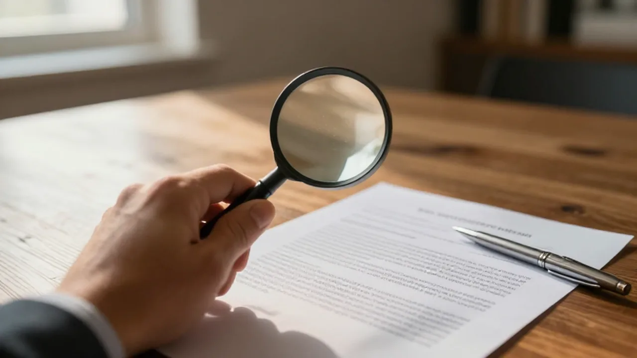 Una mano sostiene una lupa sobre la letra pequeña de un contrato legal sobre una mesa.