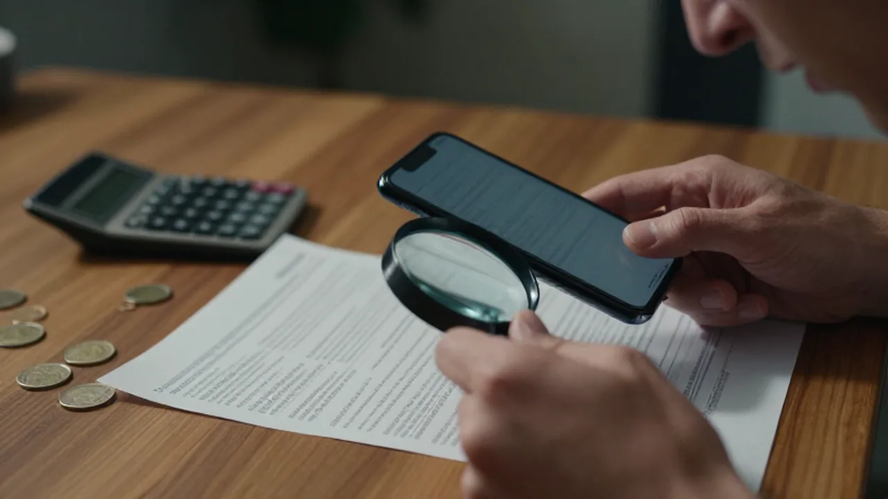 Manos de una persona revisando con una lupa un extracto bancario y un smartphone sobre la mesa.