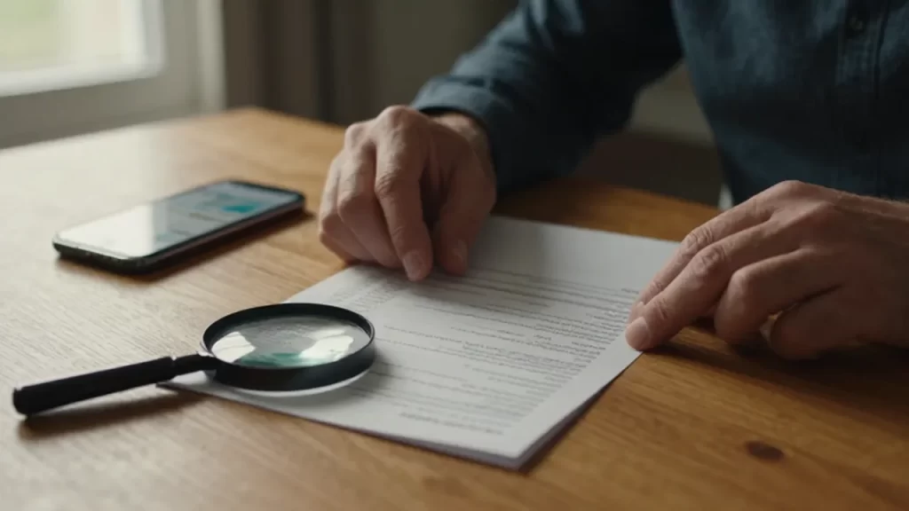 Manos revisando un extracto bancario con una lupa y un teléfono móvil sobre la mesa.