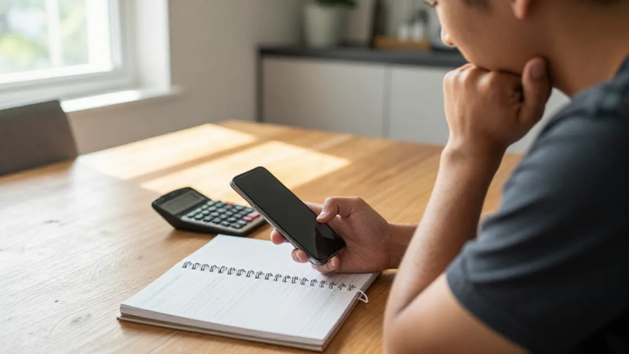 Persona pensativa frente a un smartphone con un planificador de presupuestos y una calculadora.