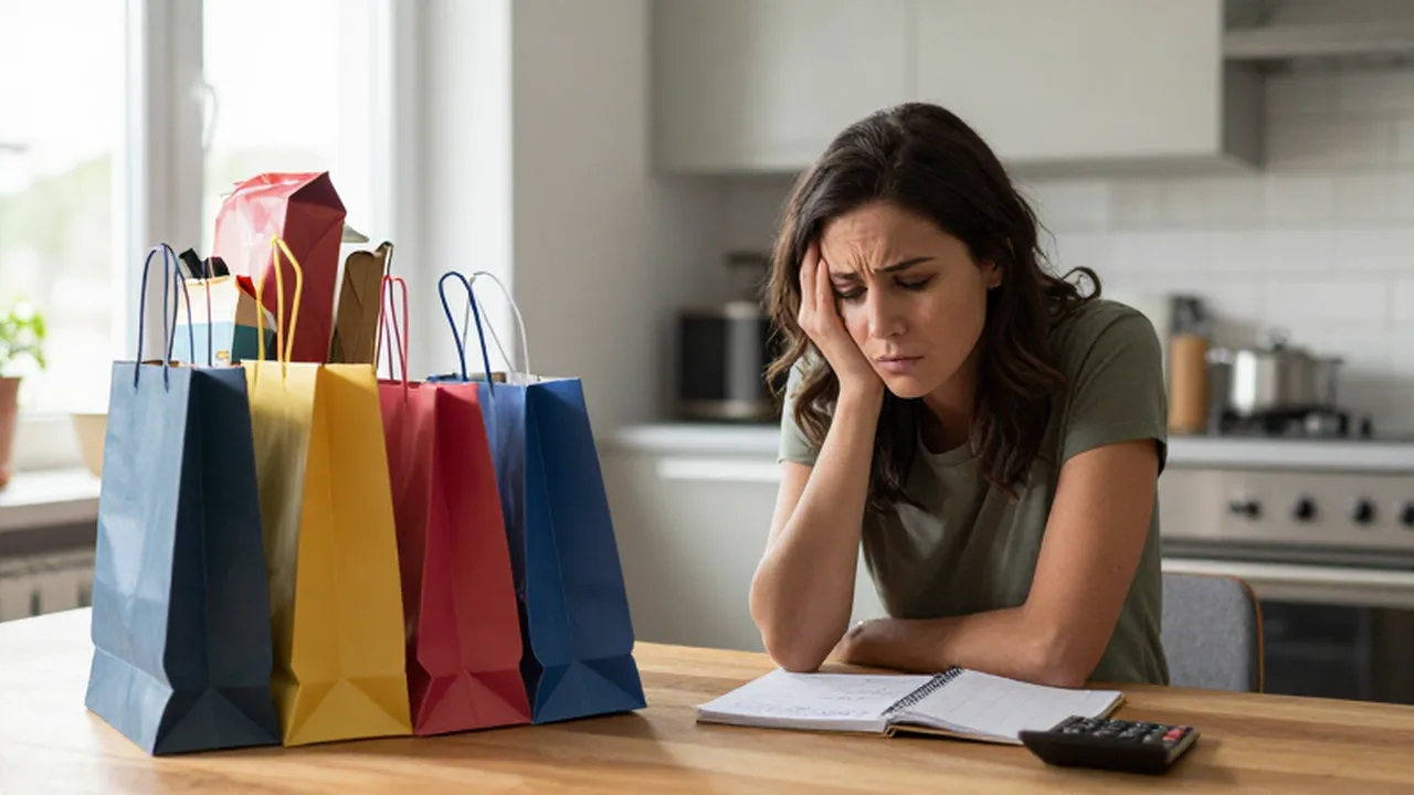 Mujer frustrada frente a una montaña de bolsas de compras y una calculadora en la cocina.