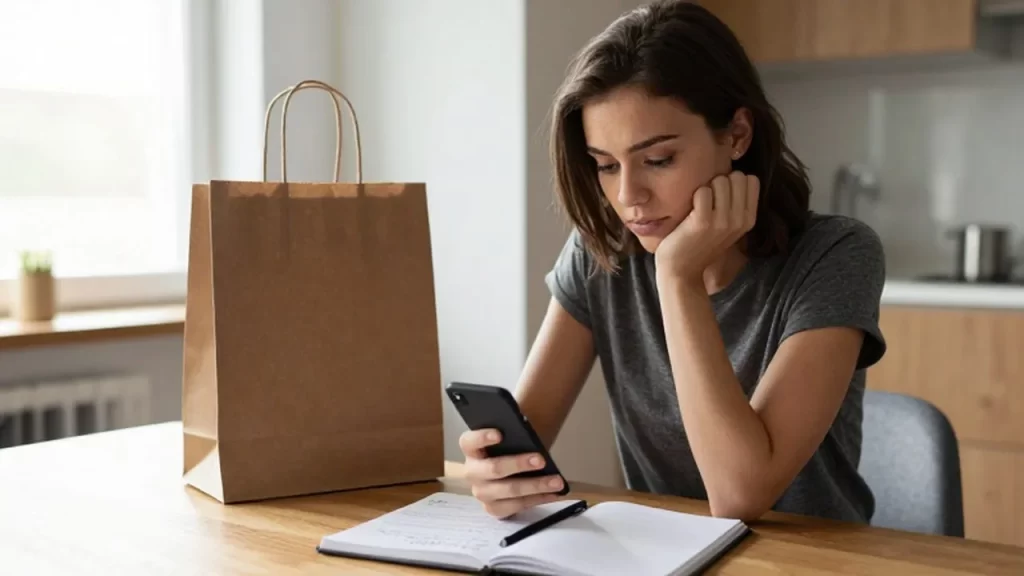 Mujer joven con expresión pensativa consulta su teléfono junto a un cuaderno de presupuesto.