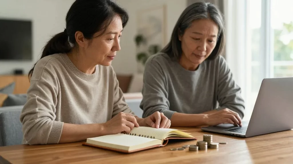 Pareja de mediana edad sentada a la mesa con un planificador y monedas de ahorro.