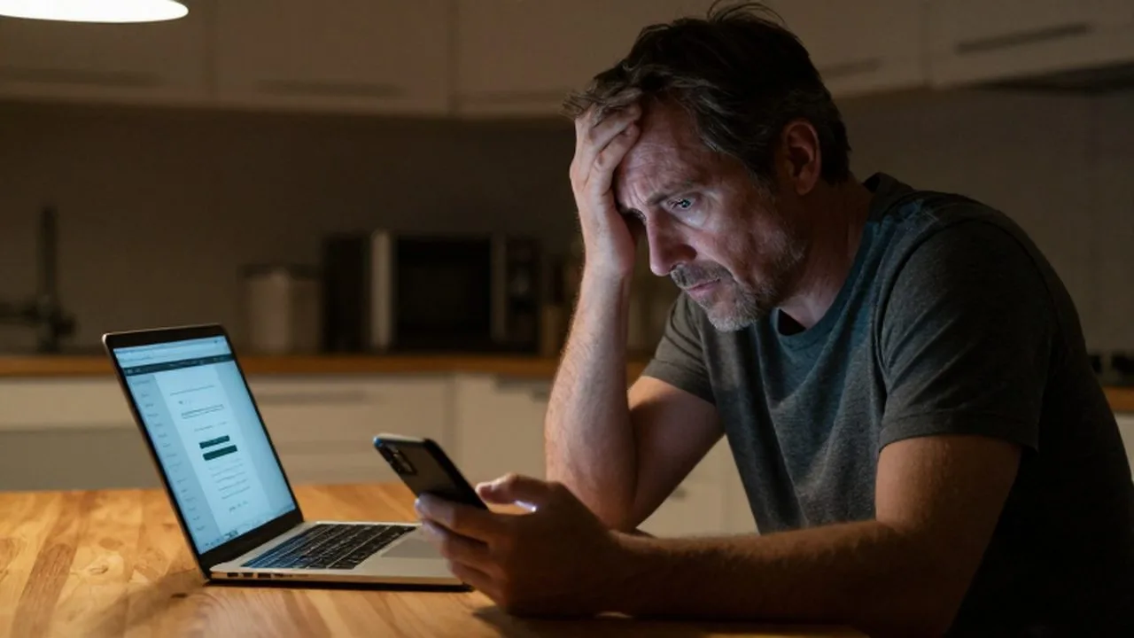 Hombre preocupado mirando su teléfono móvil frente a un ordenador en una cocina oscura.