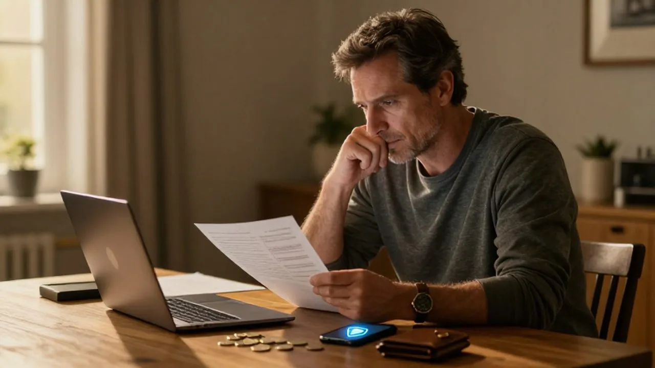 Hombre revisando documentos financieros y su laptop con precaución en un escritorio iluminado por el atardecer.