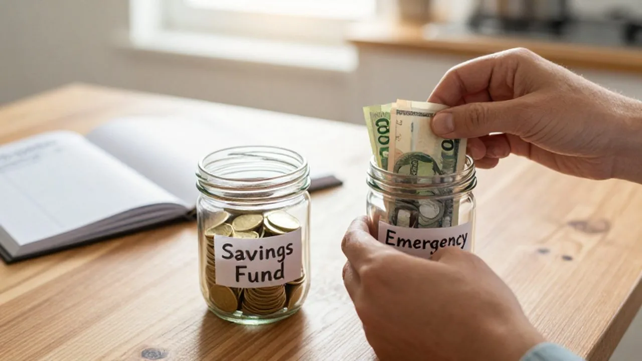 Manos organizando billetes y monedas en frascos etiquetados como ahorros y fondo de emergencia.