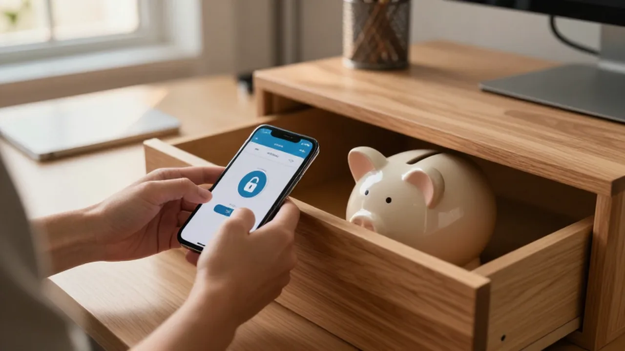 Manos sosteniendo un teléfono con una aplicación bancaria junto a una alcancía dentro de un cajón de madera.