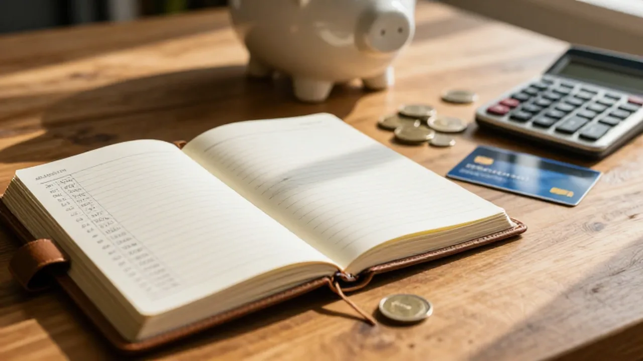 Planificador de cuero con anotaciones de presupuesto, monedas y una tarjeta sobre una mesa de madera.