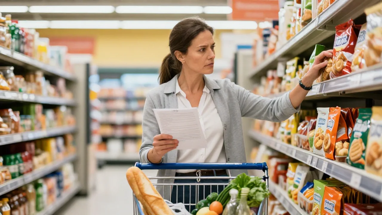 Mujer decidida revisa su lista de compras en el supermercado frente a estantes de snacks.