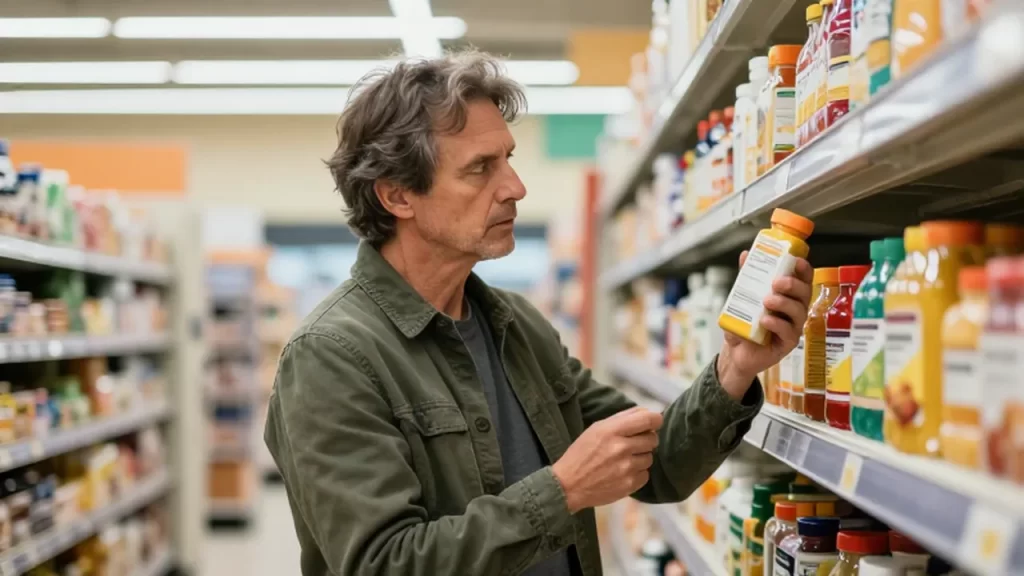 Persona de mediana edad analizando con cautela la etiqueta de un producto en un supermercado moderno.