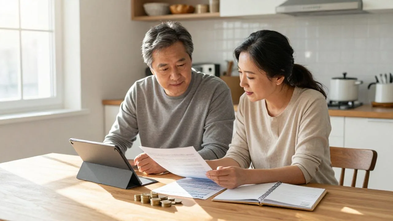 Pareja de mediana edad revisando documentos financieros y ahorros en una cocina luminosa.
