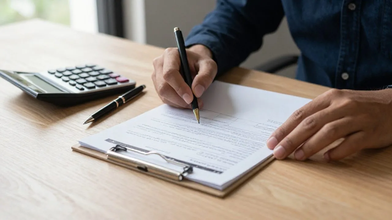Manos revisando un contrato de crédito y una lista financiera sobre un escritorio de madera.