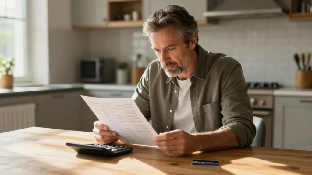 Hombre de mediana edad revisando un presupuesto con una calculadora y una tarjeta de crédito.