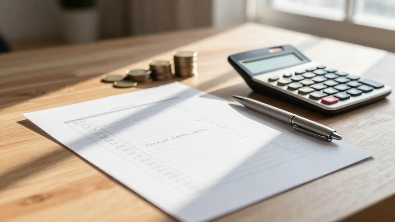 Escritorio de madera con una lista financiera escrita a mano, monedas, una calculadora y un bolígrafo.