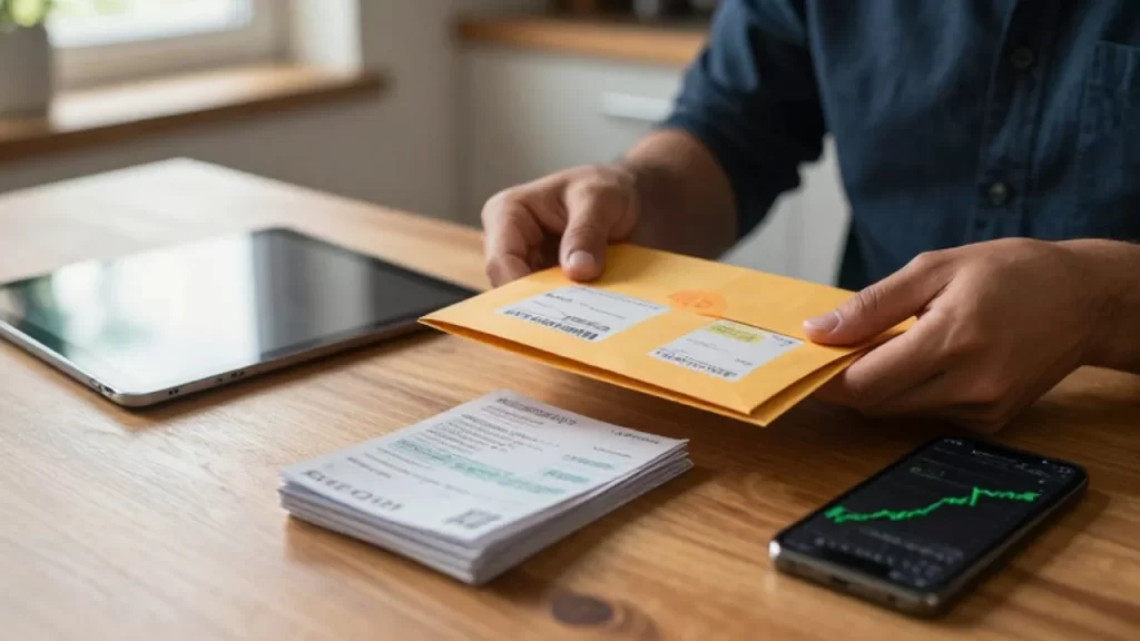 Manos organizando facturas y recibos junto a una tableta y un móvil con gráficos financieros.