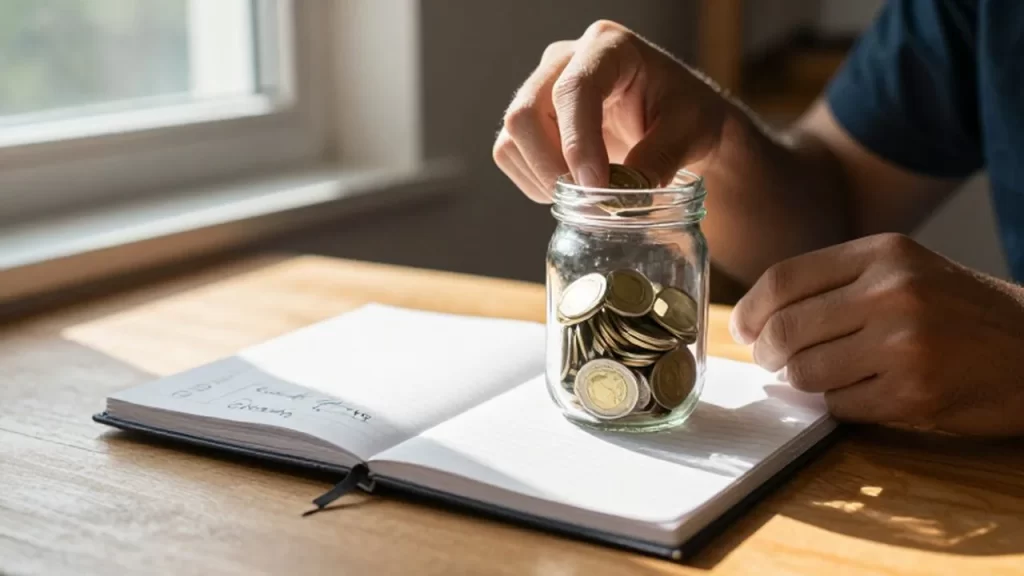 Manos depositando monedas de oro en un frasco de vidrio junto a un cuaderno de ahorros.