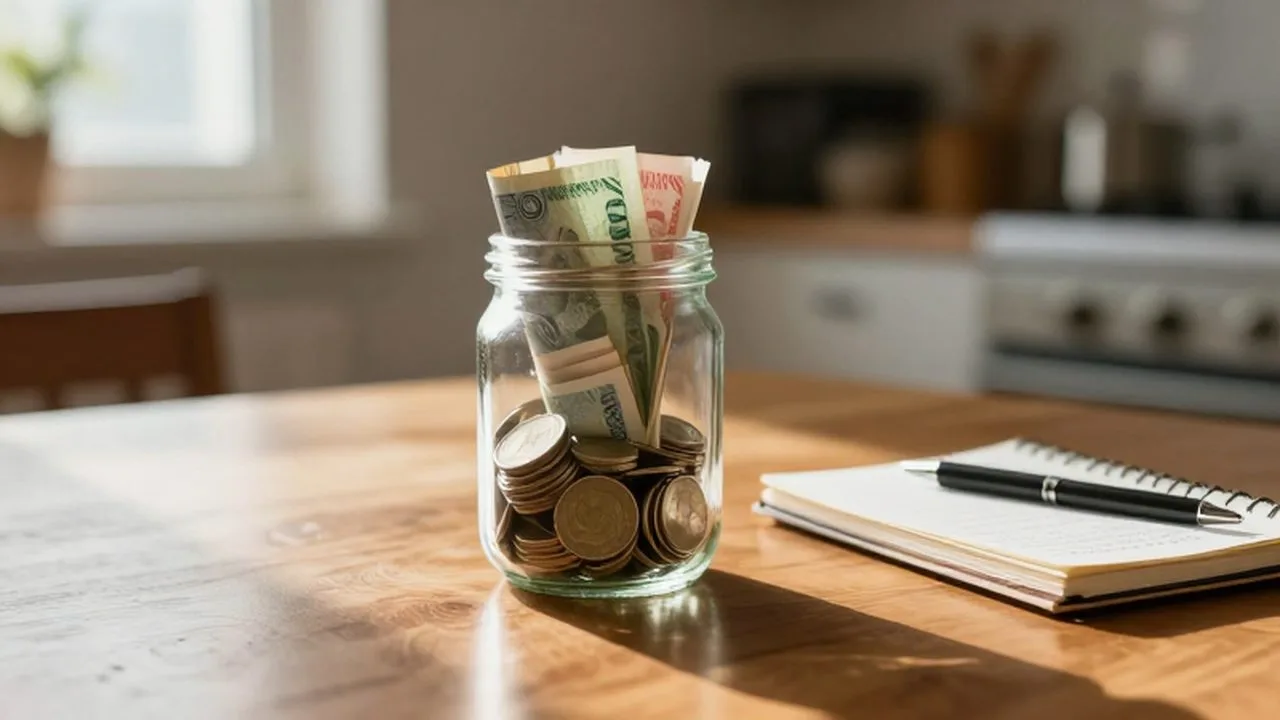 Frasco de vidrio con monedas y billetes junto a una libreta sobre una mesa de madera.