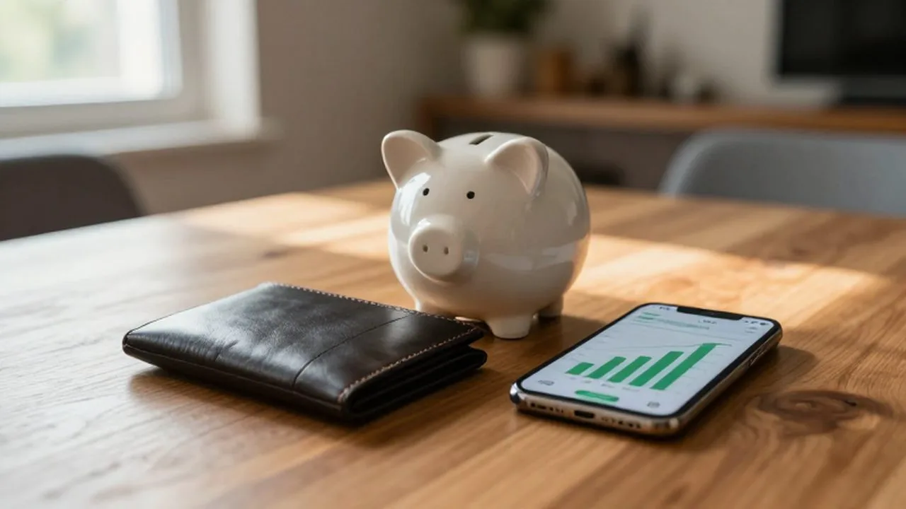 Cartera de cuero, un cerdito de cerámica y un smartphone con una gráfica de ahorros sobre una mesa de madera.