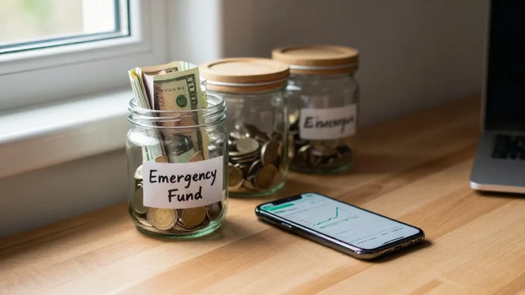 Frasco de cristal con ahorros etiquetado como fondo de emergencia junto a un smartphone en un escritorio de madera.