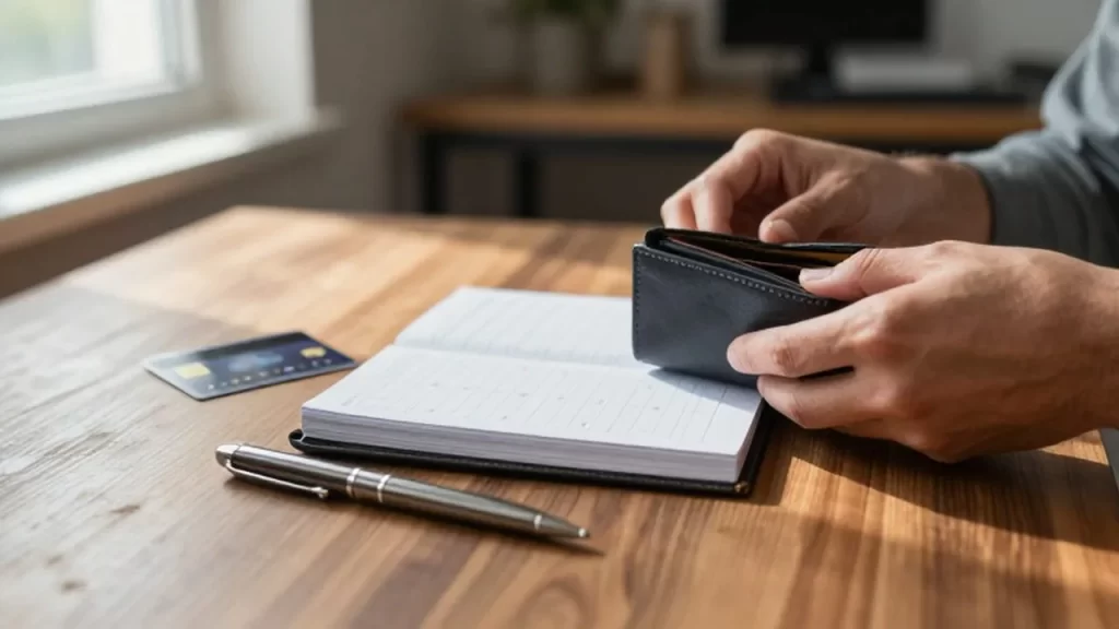 Manos organizando una cartera de cuero y un planificador de presupuesto sobre un escritorio de madera.