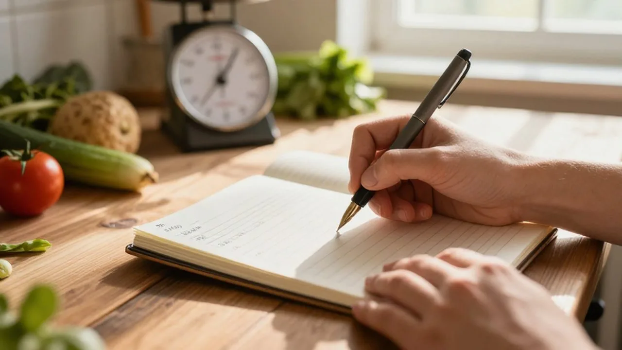 Manos escribiendo una lista de compras detallada en un cuaderno sobre una mesa de madera.
