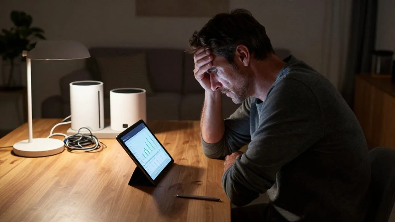 Hombre de mediana edad con gesto de preocupación revisando facturas de luz en una tableta.