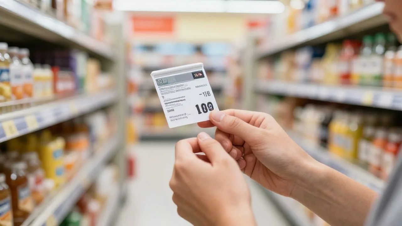 Persona señalando el precio por kilo en la etiqueta de un producto dentro de un supermercado.