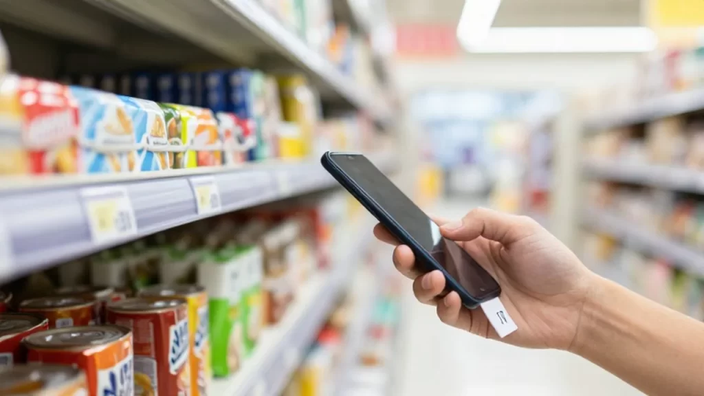 Una mano sostiene un smartphone para escanear la etiqueta de precio de un producto en el supermercado.