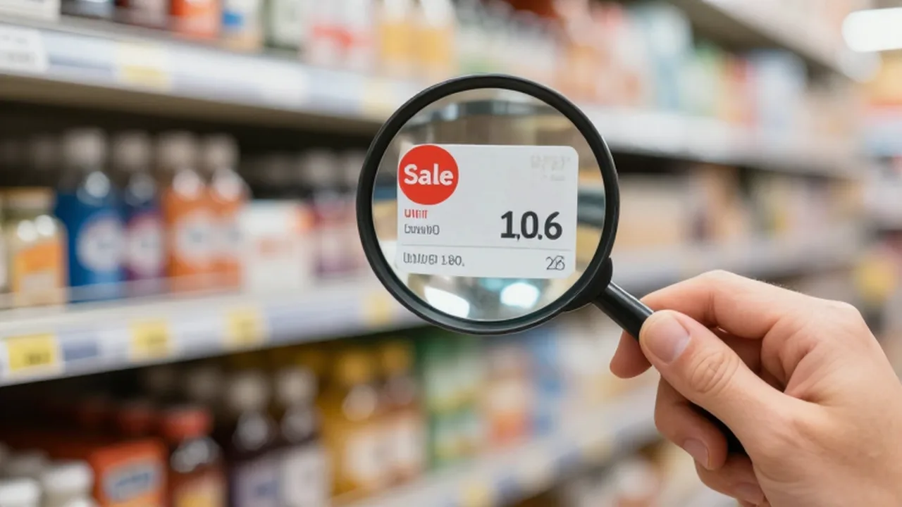 Una mano sostiene una lupa para revisar de cerca el precio y la oferta de un producto en el supermercado.