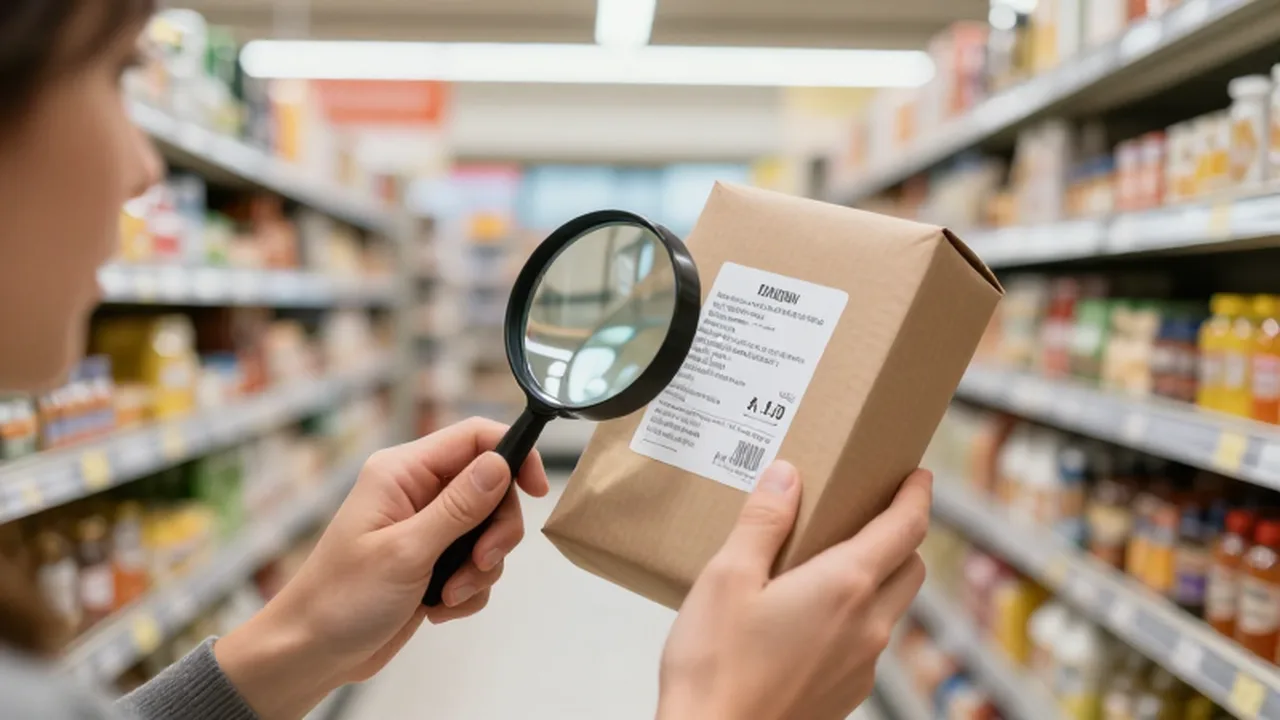 Manos de una persona examinando con atención el precio de un producto en un supermercado.
