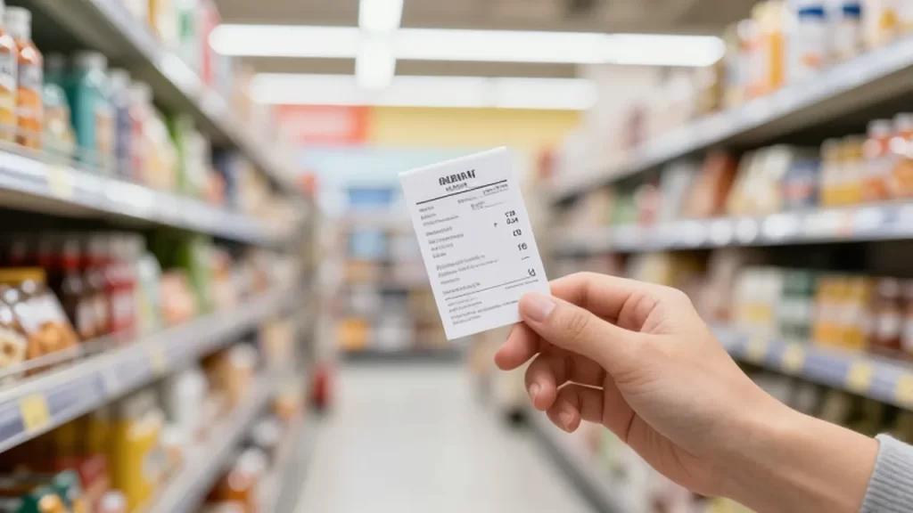 Mano sosteniendo un producto de supermercado con una etiqueta de precio legible en un pasillo iluminado.