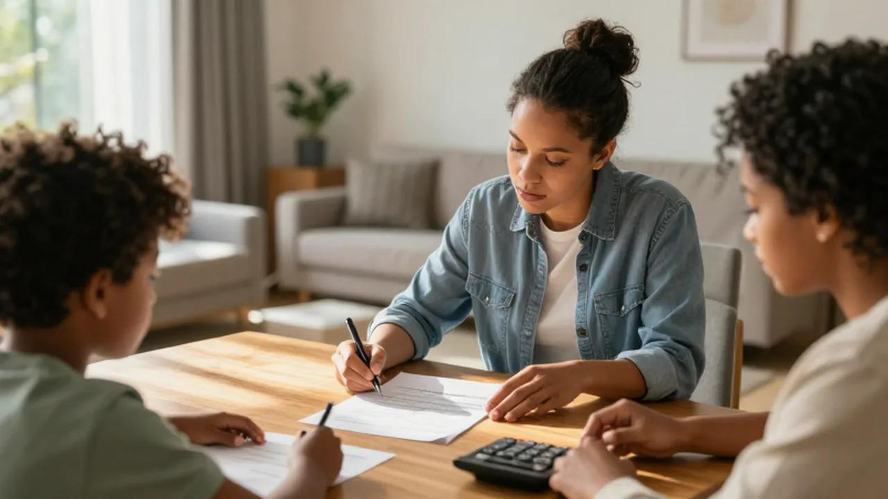 Dos adultos revisan tranquilamente un contrato de préstamo y una calculadora sobre una mesa de madera.