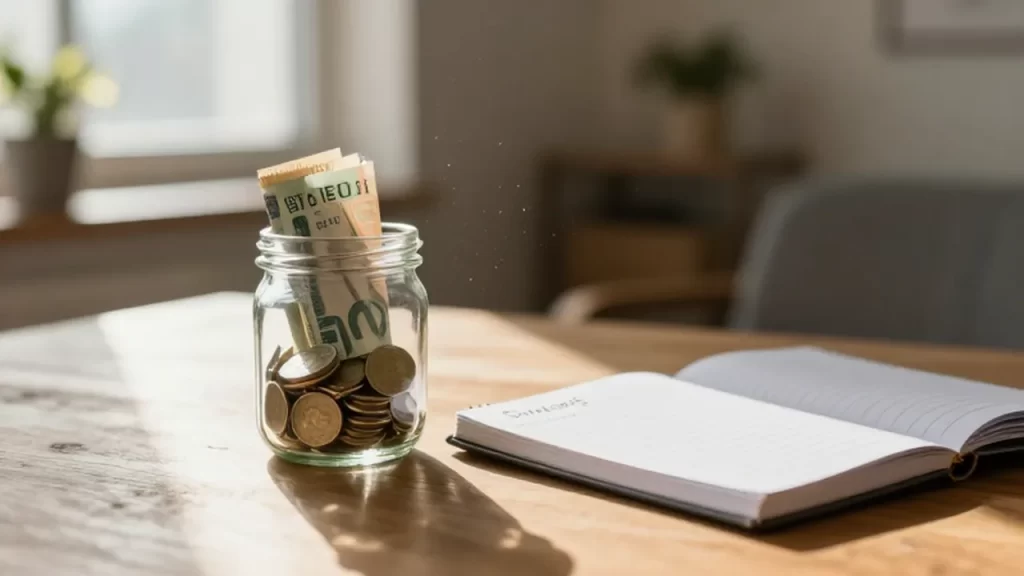Frasco de vidrio con monedas y billetes junto a un cuaderno de ahorros sobre un escritorio iluminado por el sol.