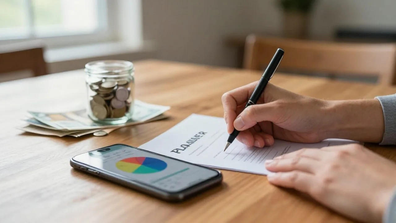Manos escribiendo en un planificador financiero junto a un móvil con gráficos y un frasco de ahorros.