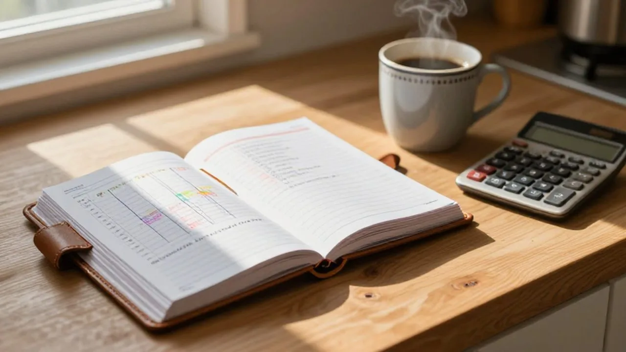 Planificador financiero abierto con gráficos manuscritos, una calculadora y una taza de café sobre una mesa de madera.