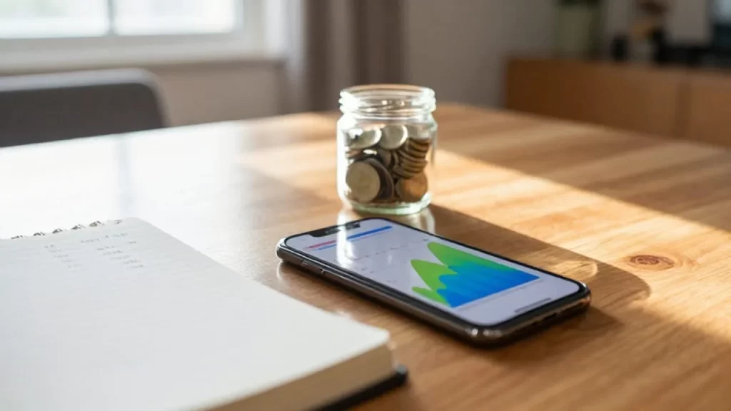 Smartphone con gráficos financieros sobre una mesa junto a un cuaderno de notas y monedas.