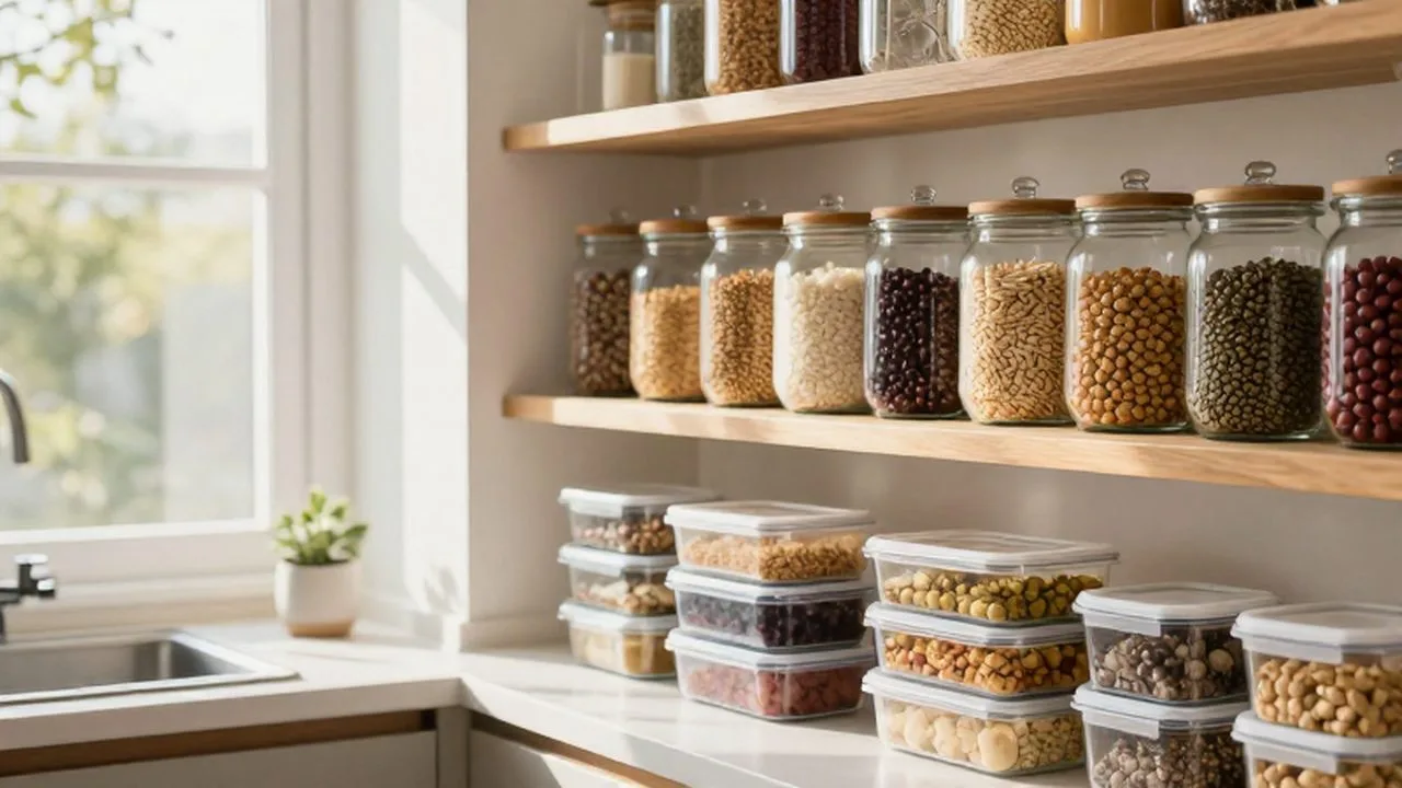 Estantería de madera con frascos de vidrio llenos de granos y recipientes de comida organizados.