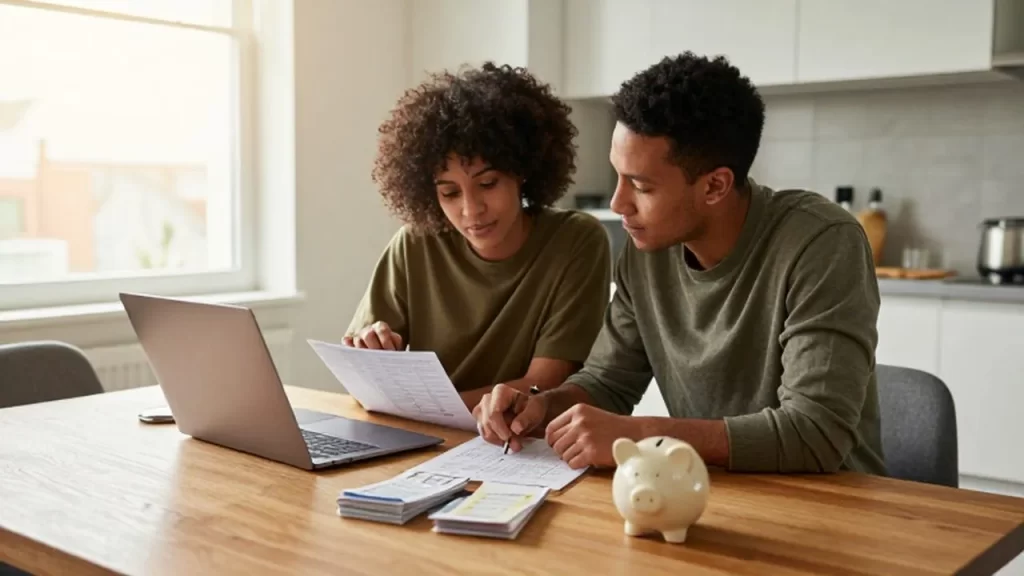 Pareja joven revisando un presupuesto en una laptop y papel sobre una mesa de cocina iluminada.