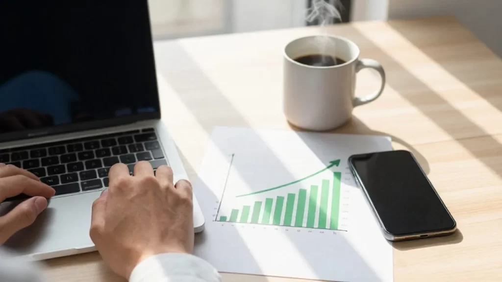 Manos trabajando con una computadora y un smartphone junto a un reporte financiero de crecimiento.
