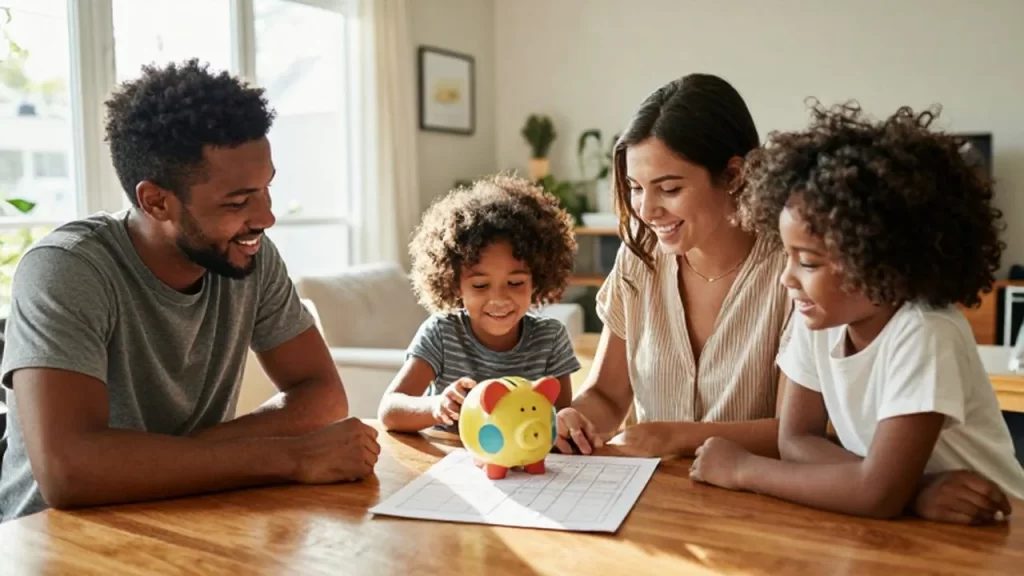 Familia sonriente sentada a la mesa con una hucha y un gráfico de presupuesto.
