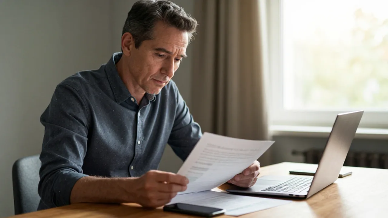 Hombre de mediana edad concentrado revisando documentos financieros y una computadora en su escritorio.