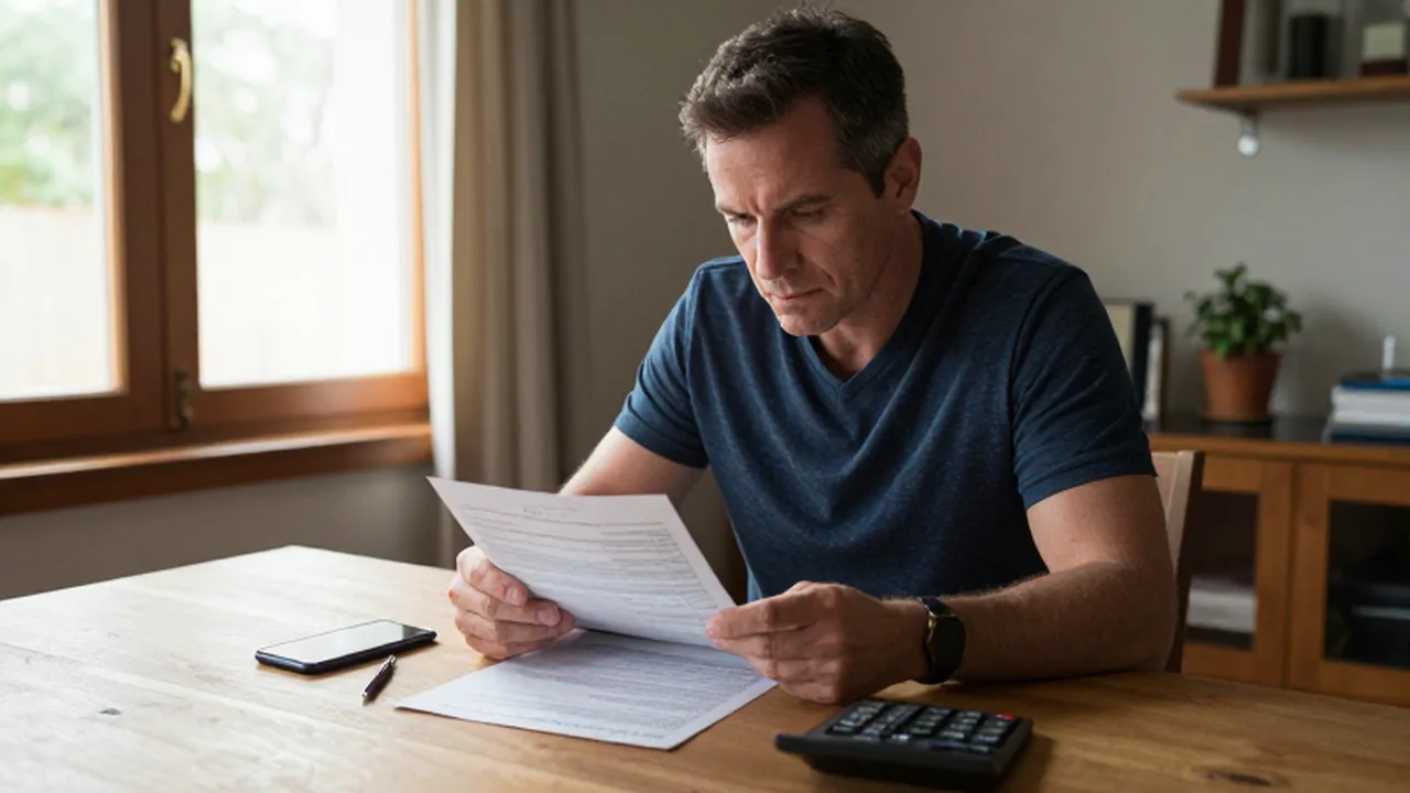 Hombre concentrado revisando estados de cuenta con una calculadora sobre una mesa de madera.