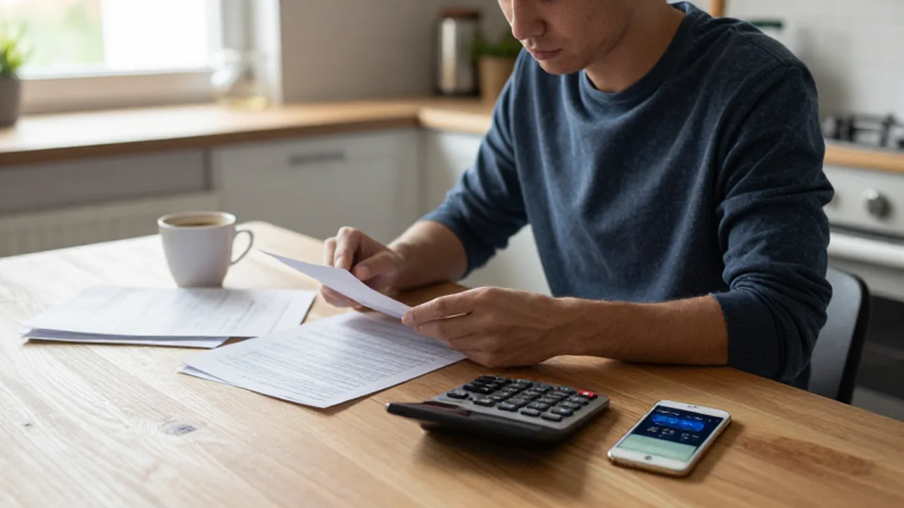 Hombre concentrado revisando sus finanzas con papeles y una calculadora en una mesa de madera iluminada.