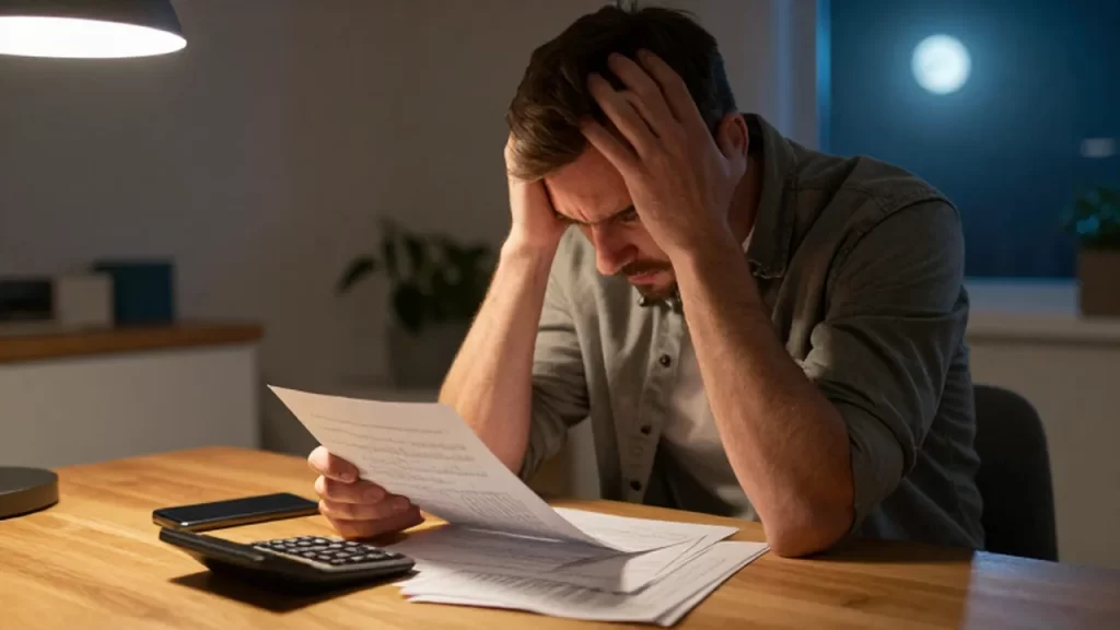 Hombre estresado revisando documentos financieros y usando una calculadora en un escritorio iluminado por una lámpara.