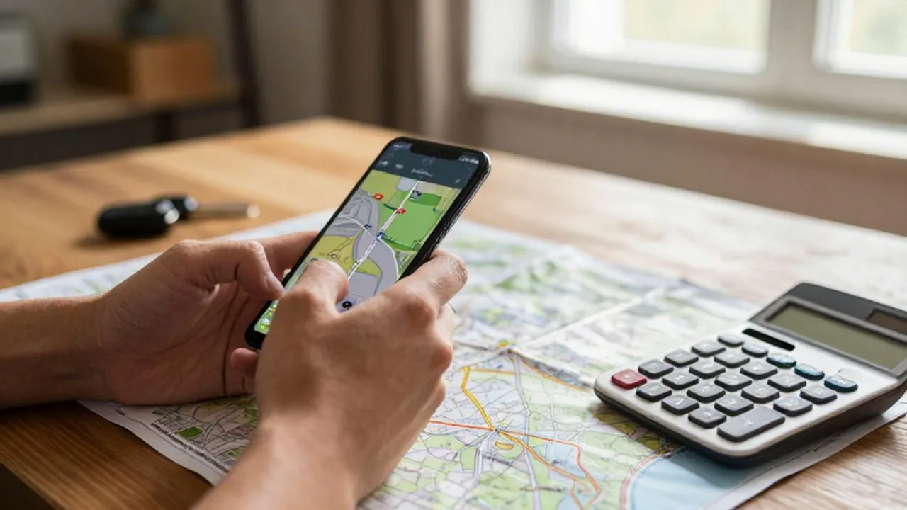Manos usando un smartphone con GPS junto a un mapa de papel y llaves sobre una mesa.